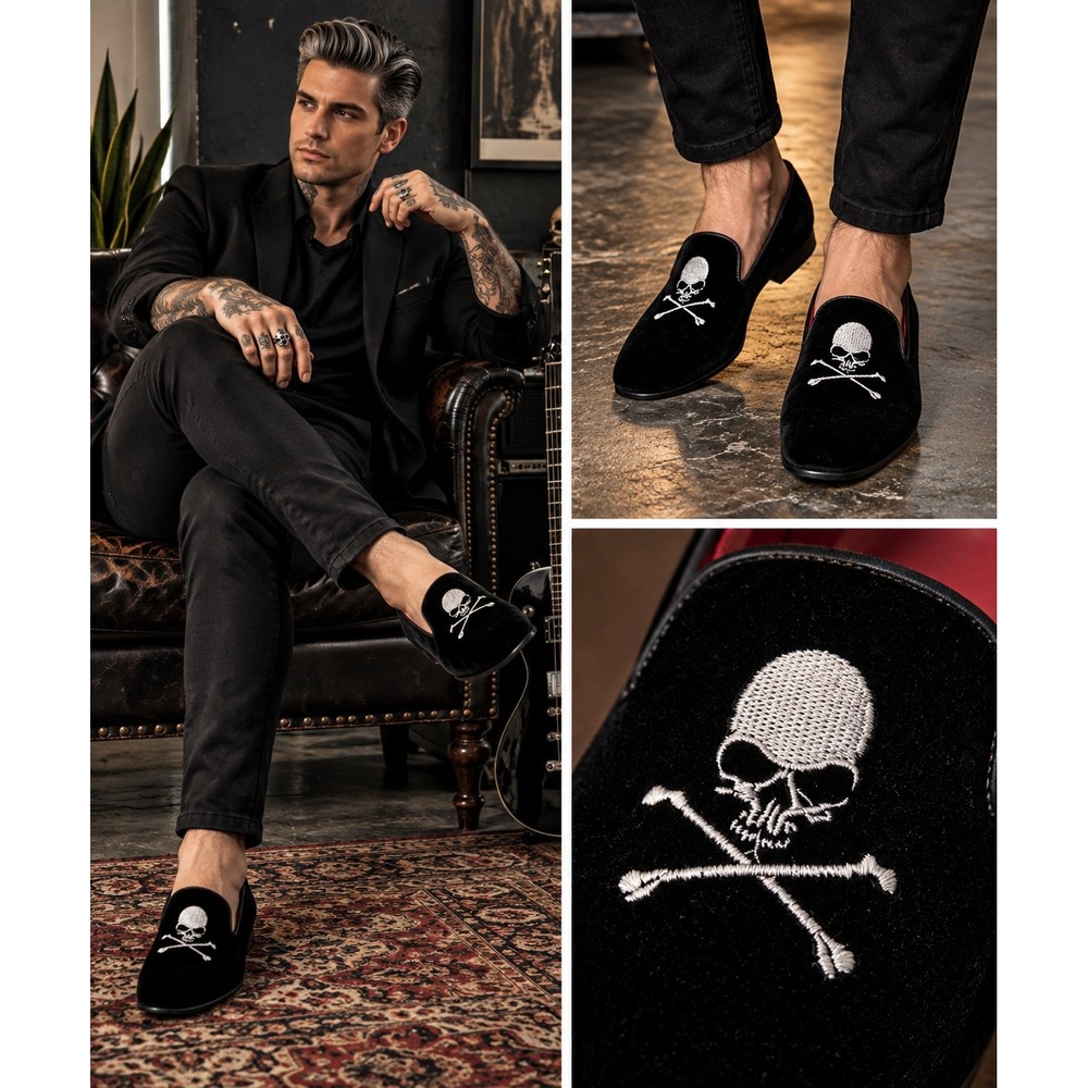 Handmade Velvet Loafers *Approx Size 12* Skull Crossbones Embroider Red Insole